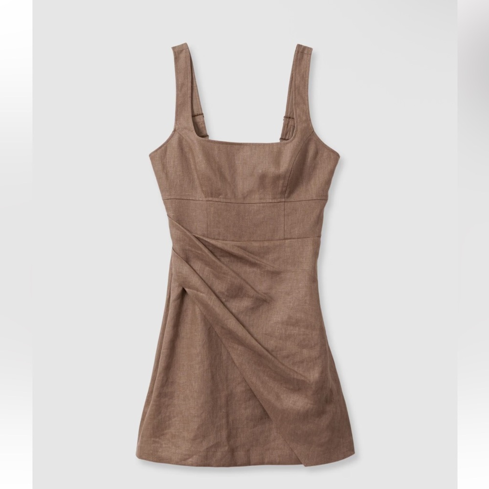 NWT Reiss Piper Linen Pleat Detail Mini Dress in Brown Size 14
